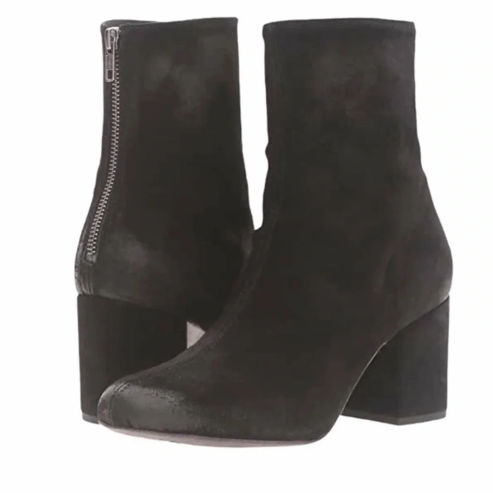 Free People Black Suede Boots Cecile Chunky Mid Block Heel Ankle Boots Size 7.5